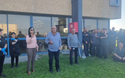 BTL factory workers meet, following an announcement of the closure of the production line and planned layoffs, December 4, 2022. (Courtesy/ Histadrut labor federation)