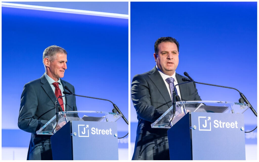 Former Meretz MK Yair Golan and Hadash-Ta'al chairman MK Ayman Odeh speak at the J Street conference in Washington DC, on December 4, 2022. (J Street) Former Meretz MK Yair Golan and Hadash-Ta'al chairman MK Ayman Odeh speak at the J Street conference in Washington DC, on December 4, 2022. (J Street)