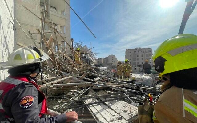 The scene where scaffolding collapsed at a building site in Givat Ze'ev, killing two people, December 12, 2022. (Fire and Rescue Services/Avi Galan) The scene where scaffolding collapsed at a building site in Givat Ze'ev, killing two people, December 12, 2022. (Fire and Rescue Services/Avi Galan)