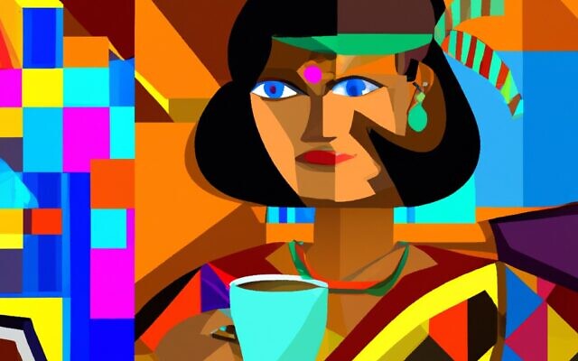 An image created by DALL-E, a deep learning model developed by OpenAI,  to the prompt by Shoshanna Solomon: 'Woman journalist sitting at her desk with a laptop and a hot mug of coffee in cubism style,' December 2022. (Image generated using DALL-E)