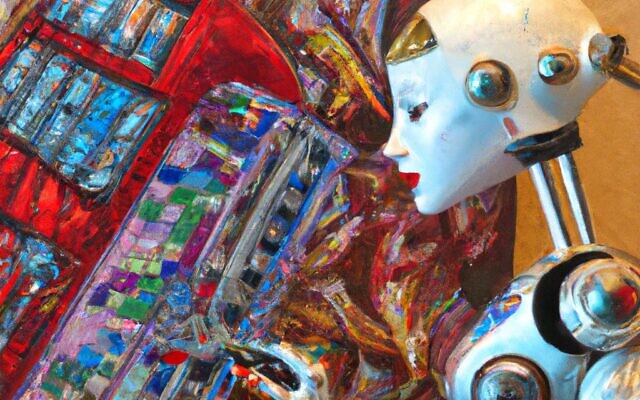 A digital image generated by AI system DALL-E  from the prompt: 'Humanoid robot creating art on canvas with many colors in Art Nouveau style.' December 2022. (Image generated with the assistance of DALL-E)