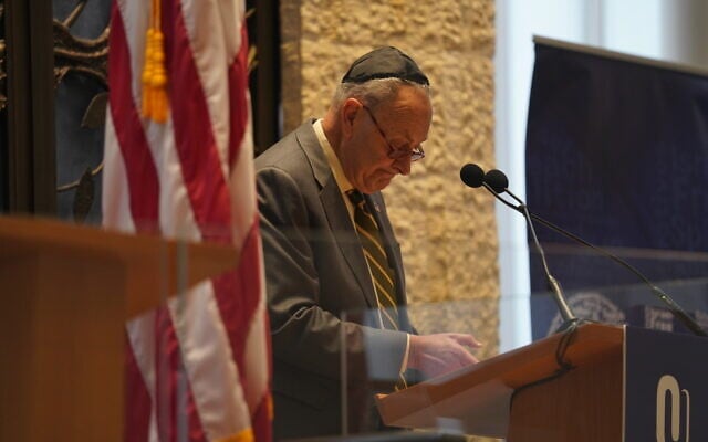 US Senator Chuck Schumer speaks at an event in New York City, December 12, 2022. (Luke Tress/Times of Israel) US Senator Chuck Schumer speaks at an event in New York City, December 12, 2022. (Luke Tress/Times of Israel)