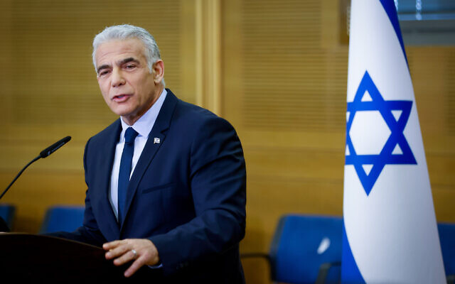 Prime Minister Yair Lapid speaks during a faction meeting at the Knesset in Jerusalem, on December 5, 2022.(Olivier Fitoussi/Flash90)