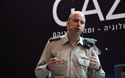 Brig. Gen. Amit Saar, head of the Military Intelligence research department, speaks at a Gazit conference in Tel Aviv, December 5, 2022. (Tomer Neuberg/Flash90/File)