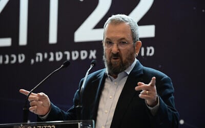 File: Former prime minister Ehud Barak speaks at a conference of the Gazit Institute in Tel Aviv, November 5, 2022. (Tomer Neuberg/Flash90) File: Former prime minister Ehud Barak speaks at a conference of the Gazit Institute in Tel Aviv, November 5, 2022. (Tomer Neuberg/Flash90)