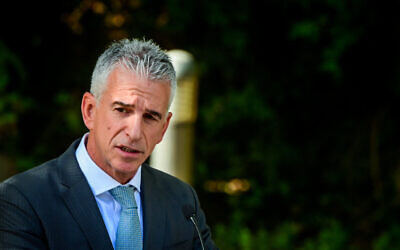 File: Mossad chief David Barnea speaks during the opening ceremony of the Eli Cohen Museum in Herzliya, December 12, 2022. (Avshalom Sassoni/Flash90)