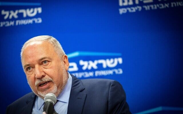Yisrael Beytenu party chairman Avigdor Liberman speaks during a faction meeting at the Knesset in Jerusalem, December 12, 2022. (Yonatan Sindel/Flash90)