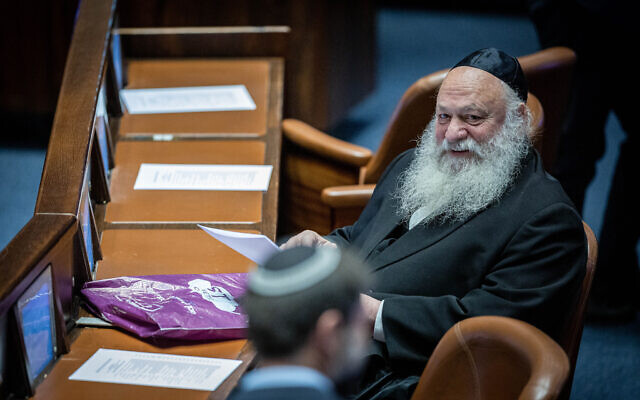 United Torah Judaism chairman MK Rabbi Yitzchak Goldknopf in the Knesset, in Jerusalem, on December 13, 2022. (Yonatan Sindel/Flash90) United Torah Judaism chairman MK Rabbi Yitzchak Goldknopf in the Knesset, in Jerusalem, on December 13, 2022. (Yonatan Sindel/Flash90)