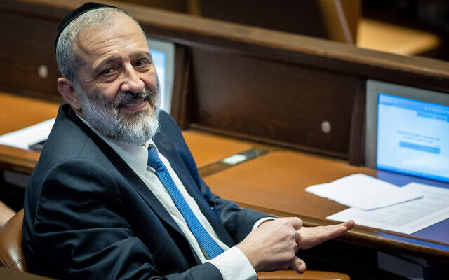 Shas leader Aryeh Deri at the Knesset on December 13, 2022. (Yonatan Sindel/ Flash90)