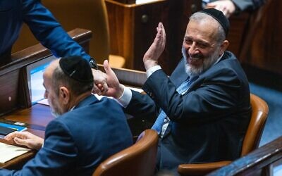 Shas leader Aryeh Deri during a Knesset vote, December 28, 2022. (Olivier Fitoussi/Flash90)