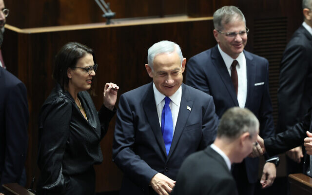 Benjamin Netanyahu at the swearing-in ceremony of his new government at the Knesset, December 29, 2022. (Yonatan Sindel/FLASH90) Benjamin Netanyahu at the swearing-in ceremony of his new government at the Knesset, December 29, 2022. (Yonatan Sindel/FLASH90)