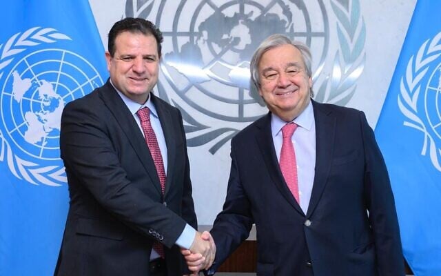Hadash-Ta'al chairman MK Ayman Odeh, left, meets with UN Secretary-General Antonio Guterres on Friday, Dec. 9, 2022, at the UN headquarters in New York. (Courtesy) Hadash-Ta'al chairman MK Ayman Odeh, left, meets with UN Secretary-General Antonio Guterres on Friday, Dec. 9, 2022, at the UN headquarters in New York. (Courtesy)