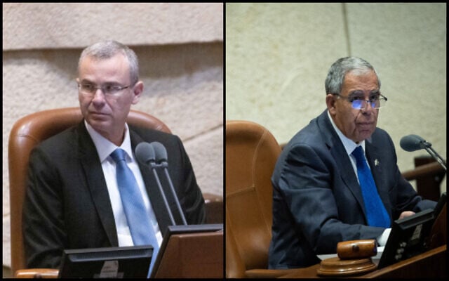 Composite photo, left to right: Likud MK Yariv Levin in the Knesset plenum hall on June 9, 2021; outgoing Knesset Speaker Mickey Levy during a plenum session on November 21, 2022 (Olivier Fitoussi, Yonatan Sindel/Flash90)