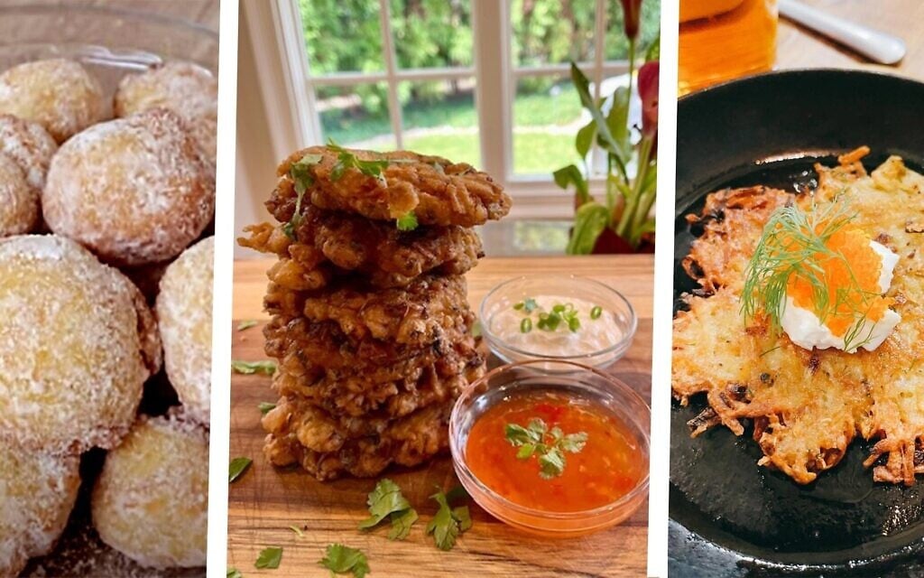 From left: Brod goreng, corn fritters and negi latkes. (Screenshot from YouTube/Beqs Kitchen/Rosita Goldstein/Jeremy Freeman via JTA) From left: Brod goreng, corn fritters and negi latkes. (Screenshot from YouTube/Beqs Kitchen/Rosita Goldstein/Jeremy Freeman via JTA)