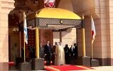 President Isaac Herzog (front L) and King Hamad bin Isa Al Khalifa (front R) at the Al Qudaibiya palace in Manama, December 4, 2022. (Lazar Berman/Times of Israel)