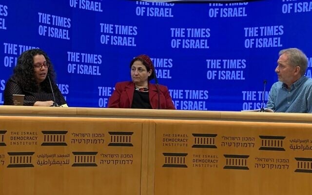 Adv. Shlomit Ravitsky Tur-Paz (C) and Rabbi Adv. Noa Sattath, Executive Director, Association for Civil Rights in Israel, speak with Times of Israel Editor David Horovitz at an event exploring the ramifications of passing a law for the government to override the Supreme Court, on December 15, 2022, at the Israel Democracy Institute in Jerusalem (Amanda Borschel-Dan/Times of Israel) Adv. Shlomit Ravitsky Tur-Paz (C) and Rabbi Adv. Noa Sattath, Executive Director, Association for Civil Rights in Israel, speak with Times of Israel Editor David Horovitz at an event exploring the ramifications of passing a law for the government to override the Supreme Court, on December 15, 2022, at the Israel Democracy Institute in Jerusalem (Amanda Borschel-Dan/Times of Israel)