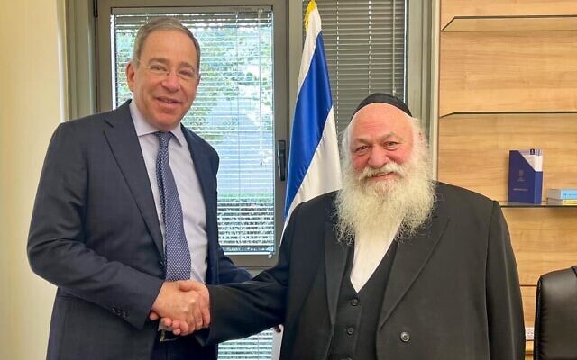 US Ambassador to Israel Tom Nides, left, meets United Torah Judaism party leader Yitzhak Goldknopf in the latter's office in the Knesset in Jerusalem, December 12, 2022. (Yitzhak Goldknopf's office/courtesy) US Ambassador to Israel Tom Nides, left, meets United Torah Judaism party leader Yitzhak Goldknopf in the latter's office in the Knesset in Jerusalem, December 12, 2022. (Yitzhak Goldknopf's office/courtesy)