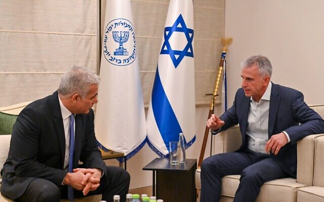 Prime Minister Yair Lapid (left) and Mossad chief David Barnea meet on December 11, 2022. (Kobi Gideon/GPO) Prime Minister Yair Lapid (left) and Mossad chief David Barnea meet on December 11, 2022. (Kobi Gideon/GPO)