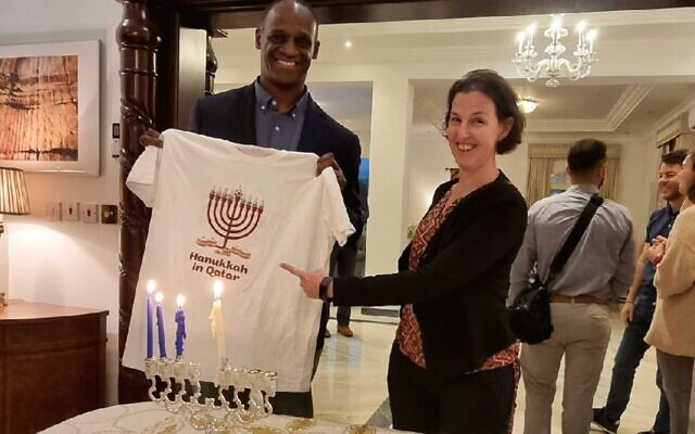 US Ambassador to Qatar Timmy Davis and Israeli diplomat Iris Ambor at a Hanukkah candle-lighting ceremony at the US Embassy in Qatar on December 20, 2022. (Foreign Ministry) US Ambassador to Qatar Timmy Davis and Israeli diplomat Iris Ambor at a Hanukkah candle-lighting ceremony at the US Embassy in Qatar on December 20, 2022. (Foreign Ministry)
