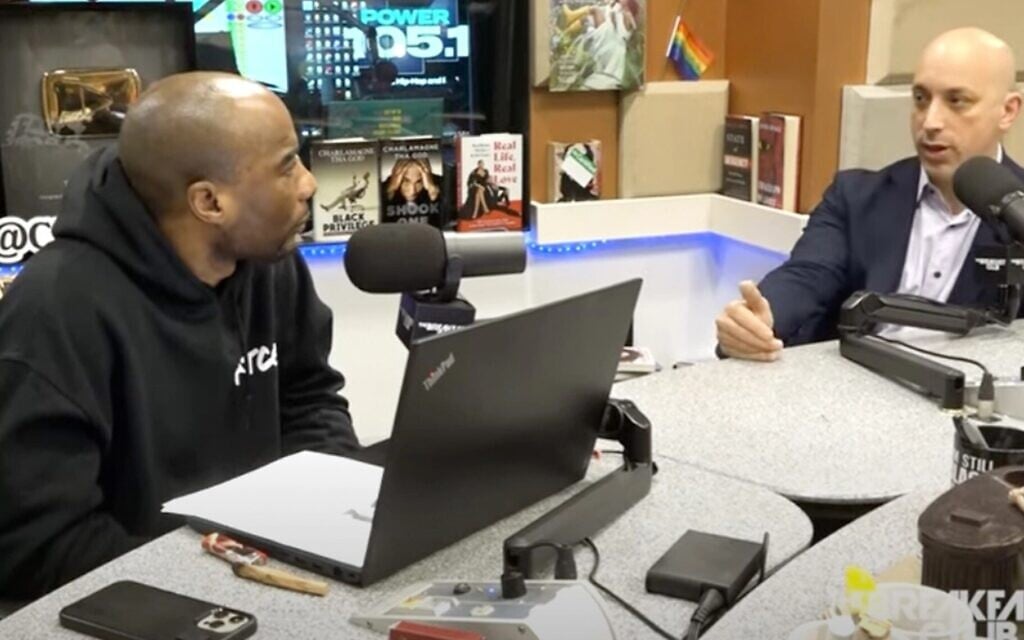 Anti-Defamation League CEO Jonathan Greenblatt, right, made an appearance on The Breakfast Club, a radio show hosted by Charlamagne Tha God (left) and DJ Envy. (YouTube via JTA) Anti-Defamation League CEO Jonathan Greenblatt, right, made an appearance on The Breakfast Club, a radio show hosted by Charlamagne Tha God (left) and DJ Envy. (YouTube via JTA)
