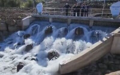Screen capture from video of desalinated water being released from production plants to flow into the Sea of Galilee, December 28, 2022. (Twitter. Used in accordance with Clause 27a of the Copyright Law)