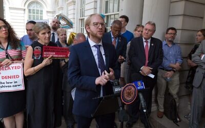 Naftuli Moster, executive director of the nonprofit advocacy group Yaffed, speaks at a news conference, July 24, 2019. (Yaffed via JTA)