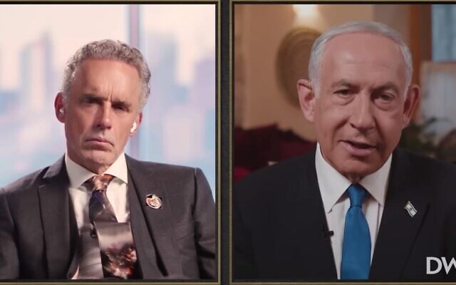 Screen capture from video of Jordan Peterson interviewing prime minister-designate Benjamin Netanyahu on December 5, 2022. (YouTube. Used in accordance with Clause 27a of the Copyright Law) Screen capture from video of Jordan Peterson interviewing prime minister-designate Benjamin Netanyahu on December 5, 2022. (YouTube. Used in accordance with Clause 27a of the Copyright Law)