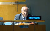 The Palestinian envoy to the UN, Riyad Mansour, addresses the General Assembly at the UN Headquarters in New York, December 30, 2022. (Screenshot/UN)