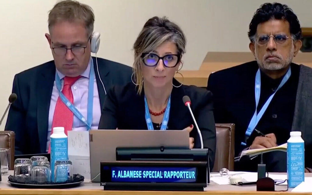 UN Special Rapporteur Francesca Albanese addresses the UN, October 2022. (Screenshot/YouTube, used in accordance with Clause 27a of the Copyright Law)
