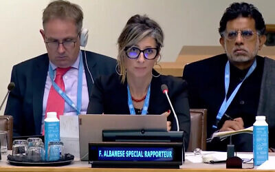 UN Special Rapporteur Francesca Albanese addresses the UN, October 2022. (Screenshot/YouTube, used in accordance with Clause 27a of the Copyright Law)