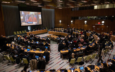 US envoy to the UN Linda Thomas-Greenfield speaks during the 5th plenary meeting of the Economic and Social Council regarding the removal of the Iran from membership in the Commission on the Status of Women at the United Nations headquarters in New York City on December 14, 2022. (Yuki Iwamura/AFP)