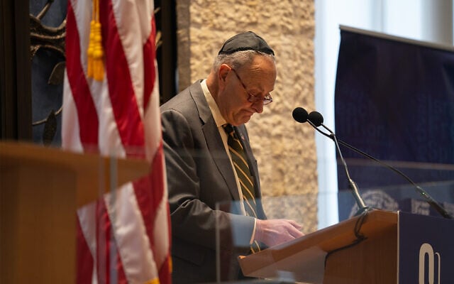US Senator Chuck Schumer speaks at the Lincoln Square Synagogue in New York City, December 12, 2022. (Luke Tress/Times of Israel)