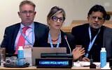 File - UN Special Rapporteur Francesca Albanese addresses the UN, October 2022. (Screenshot/ YouTube, used in accordance with Clause 27a of the Copyright Law)