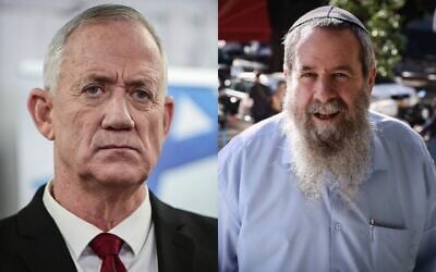 This combination of photos shows Defense Minister Benny Gantz (L) at a press conference in Tel Aviv on November 29, 2022, and Noam MK Avi Maoz arriving for coalition talks at Likud headquarters in Tel Aviv on November 8, 2022. (Tomer Neuberg/Flash90, Flash90)