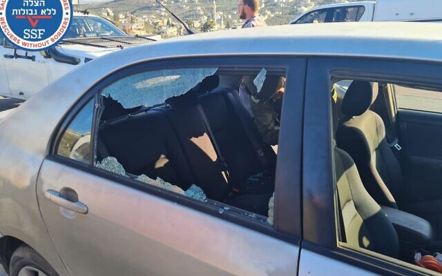 Damage is seen to an Israeli car following a shooting attack near the Havat Gilad outpost in the northern West Bank, December 16, 2022. (Rescuers WIthout Borders) Damage is seen to an Israeli car following a shooting attack near the Havat Gilad outpost in the northern West Bank, December 16, 2022. (Rescuers WIthout Borders)