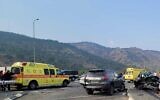 Illustrative: Two Magen David Adom ambulances at the scene of a car crash along Route 90, near Agamon Hula lake in northern Israel, December 24, 2022. (Magen David Adom spokesperson)
