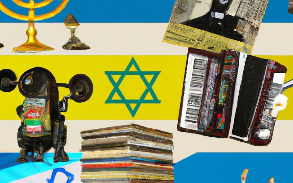 An image created by the AI site Dall-E for this article from the following prompt: 'Collage featuring Jews, robots, books and Ukraine.' (JTA Illustration) An image created by the AI site Dall-E for this article from the following prompt: 'Collage featuring Jews, robots, books and Ukraine.' (JTA Illustration)