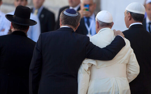 Pope Francis and Rabbi Abraham Skorka leave the Western Wall compound, after the pope prayed at the Wall in Jerusalem, Israel, May 26, 2014. (Lior Mizrahi/Getty Images via JTA) Pope Francis and Rabbi Abraham Skorka leave the Western Wall compound, after the pope prayed at the Wall in Jerusalem, Israel, May 26, 2014. (Lior Mizrahi/Getty Images via JTA)