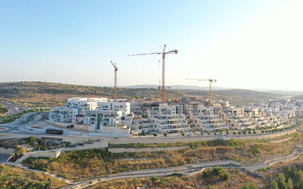 An aerial view of construction cranes in Modiin, July 2020. (ronib1979 via iStock by Getty Images) An aerial view of construction cranes in Modiin, July 2020. (ronib1979 via iStock by Getty Images)