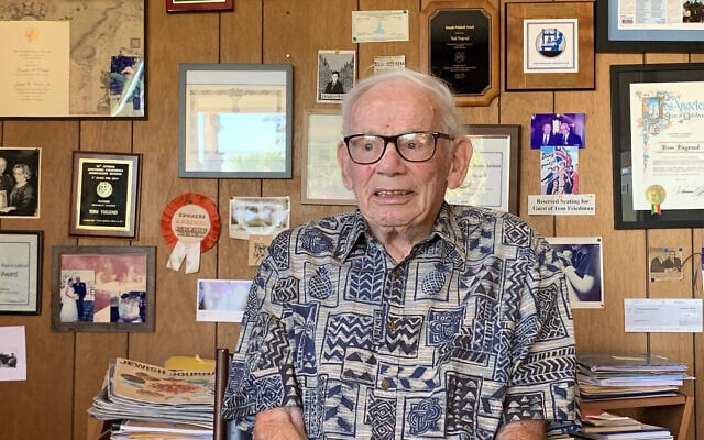Tom Tugend in his Los Angeles home, August 3, 2021. (Jacob Gurvis) Tom Tugend in his Los Angeles home, August 3, 2021. (Jacob Gurvis)