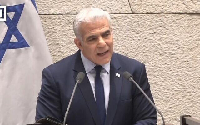 Outgoing Prime Minister Yair Lapid addresses the Knesset, December 29, 2022 (Knesset channel screenshot) Outgoing Prime Minister Yair Lapid addresses the Knesset, December 29, 2022 (Knesset channel screenshot)