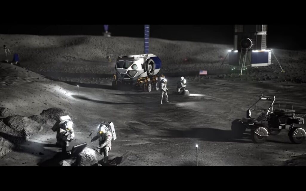 A illustration of humans working on the moon (screenshot from YouTube NASA video)
