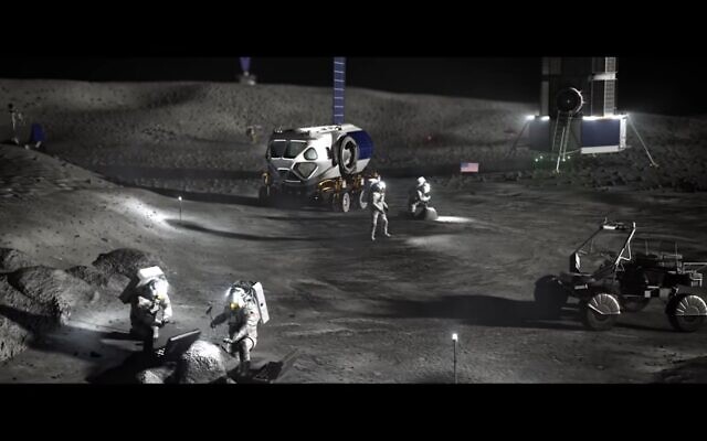 A illustration of humans working on the moon (screenshot from YouTube NASA video)