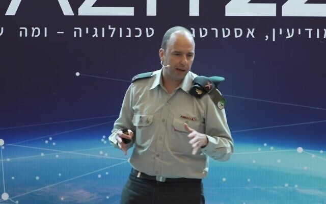 Brig. Gen. Amit Saar, head of the Military Intelligence research department, speaks at a Gazit conference in Tel Aviv, December 5, 2022. (Screenshot/Youtube) Brig. Gen. Amit Saar, head of the Military Intelligence research department, speaks at a Gazit conference in Tel Aviv, December 5, 2022. (Screenshot/Youtube)