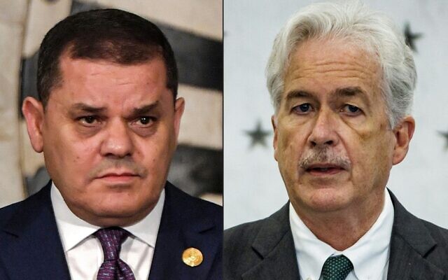 This combination of pictures shows (L to R) Libya's Tripoli-based Prime Minister Abdulhamid Dbeibah speaking in Tunisia's capital Tunis on November 30, 2022; and CIA director William Burns speaking during a visit to agency headquarters on the 75th anniversary of its founding in Langley, Virginia, on July 8, 2022. (Fethi Belaid and Samuel Corum/AFP) This combination of pictures shows (L to R) Libya's Tripoli-based Prime Minister Abdulhamid Dbeibah speaking in Tunisia's capital Tunis on November 30, 2022; and CIA director William Burns speaking during a visit to agency headquarters on the 75th anniversary of its founding in Langley, Virginia, on July 8, 2022. (Fethi Belaid and Samuel Corum/AFP)
