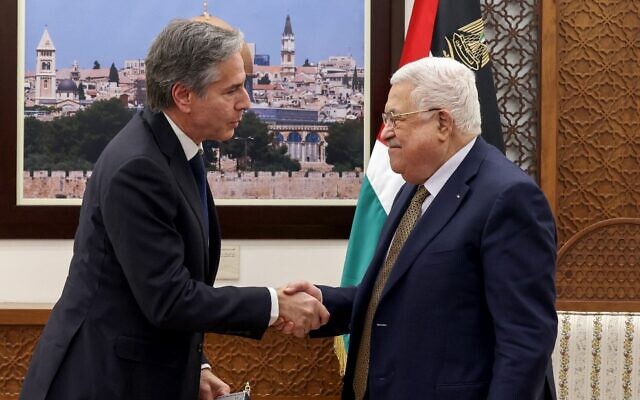 Palestinian Authority President Mahmoud Abbas (R) and US Secretary of State Antony Blinken shake hands following their meeting in the West Bank city of Ramallah on January 31, 2023. (Ronaldo Schemidt/Pool/AFP) Palestinian Authority President Mahmoud Abbas (R) and US Secretary of State Antony Blinken shake hands following their meeting in the West Bank city of Ramallah on January 31, 2023. (Ronaldo Schemidt/Pool/AFP)