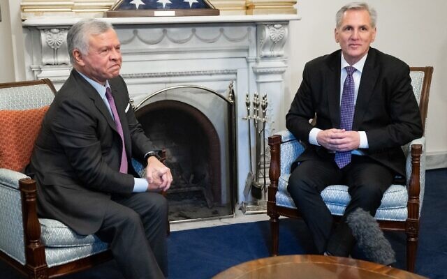 US House Speaker Kevin McCarthy (R) holds a meeting with King Abdullah II of Jordan at the US Capitol in Washington, January 31, 2023. (Saul Loeb/AFP) US House Speaker Kevin McCarthy (R) holds a meeting with King Abdullah II of Jordan at the US Capitol in Washington, January 31, 2023. (Saul Loeb/AFP)