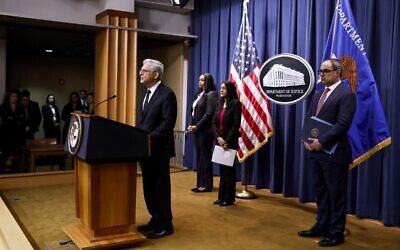 US Attorney General Merrick Garland is joined by Principal Deputy Assistant Attorney General Doha Mekki of the Antitrust Division (left), US Associate Attorney General Vanita Gupta (second from left) and Assistant Attorney General Jonathan Kanter of the Antitrust Division (right), as he speaks during a news conference at the Justice Department to announce a new antitrust lawsuit against Google on January 24, 2023 in Washington, DC. (Anna Moneymaker / Getty Images via AFP)