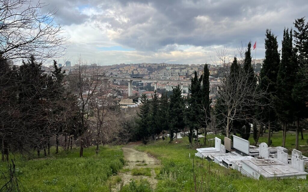 The Jewish cemetery where 17th-century kabbalist Rabbi Naphtali Tzvi Katz is buried offers a hilltop view of Istanbul. (David I. Klein/JTA)