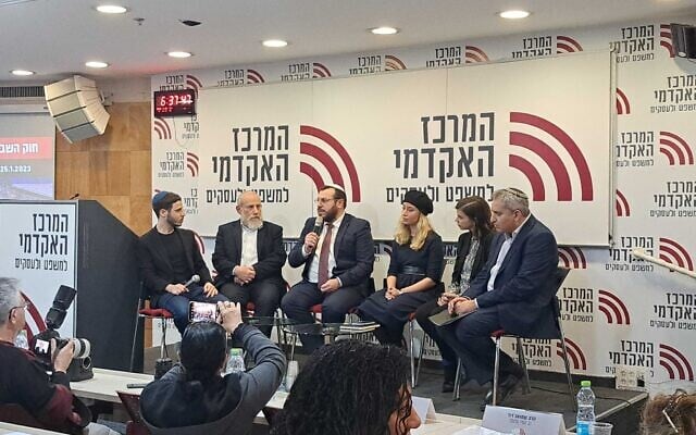 From right, MK Ze'ev Elkin, One Million Lobby CEO Alex Rif, manager of the alternative Orthodox conversion program Giyur K'Halacha Yael Belenky, Heritage Minister Amichay Eliyahu, Afula Chief Rabbi Shmuel David and journalist Yair Sherki discuss the Law of Return at a conference in Ramat Gan on January 25, 2023. (Judah Ari Gross/Times of Israel)